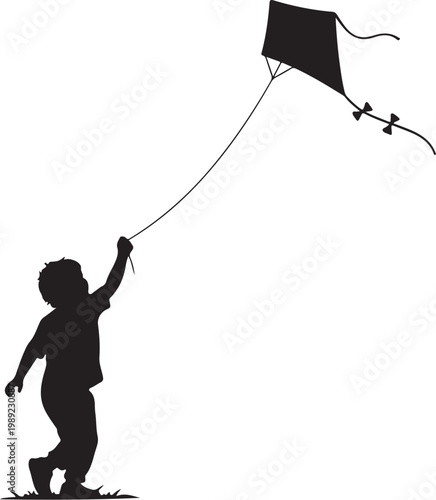 Silhouette child flying kite, black silhouette, recreational activity, vector icon