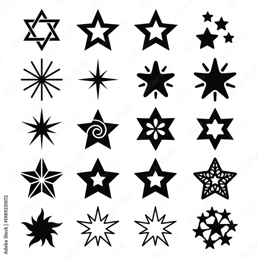 Fototapeta premium An isolated vector silhouette sheet with 20 distinct and creative variations of a single shape a star. eps