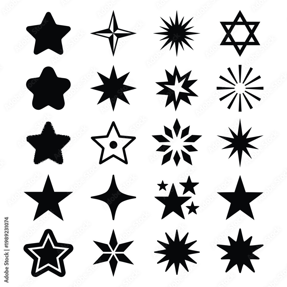 Obraz premium An isolated vector silhouette sheet with 20 distinct and creative variations of a single shape a star. eps