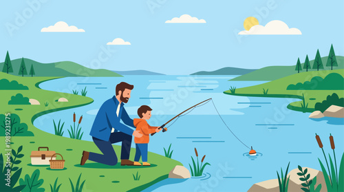 A tranquil flat design illustration of a father and child enjoying a peaceful day fishing by a lake, symbolizing shared hobbies and quality time. 