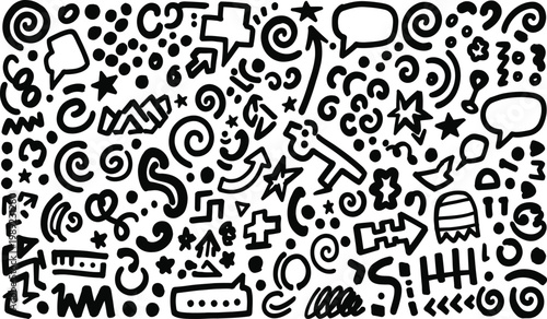 Chaotic doodle collection a black and white abstract pattern of hand drawn shapes