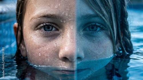 Macro Close Up of Young Girl Submerged in Blue Pool Water with Intense Eyes