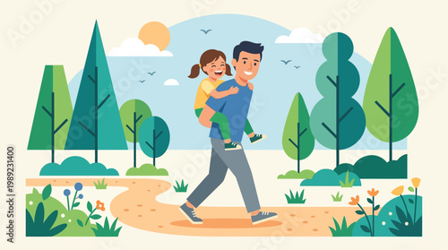 A joyful flat design illustration of a father giving his child a piggyback ride, capturing the playful energy and strong bond between them. 