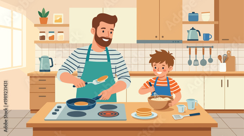 A heartwarming flat design illustration of a father and child making breakfast together in the kitchen, symbolizing shared household activities and early morning bonding. 