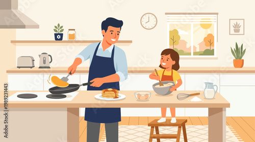 A heartwarming flat design illustration of a father and child making breakfast together in the kitchen, symbolizing shared household activities and early morning bonding. 
