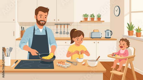 A heartwarming flat design illustration of a father and child making breakfast together in the kitchen, symbolizing shared household activities and early morning bonding. 