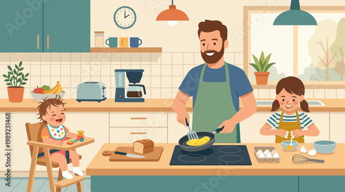 A heartwarming flat design illustration of a father and child making breakfast together in the kitchen, symbolizing shared household activities and early morning bonding. 