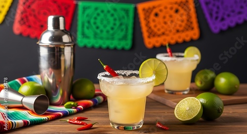Cinco de mayo celebration vibrant margarita cocktails with traditional mexican decorations