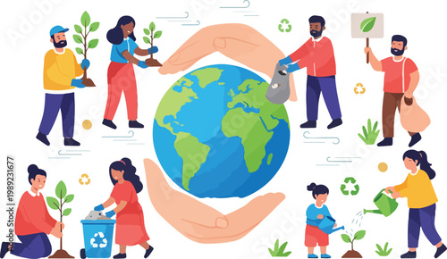 Environmental protection vector illustration, diverse people saving earth planet, ecology sustainability and global conservation concept