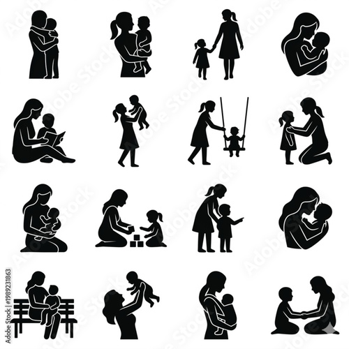 Family Silhouette Set Mother Father Children Parenting Activities Black Vector Collection