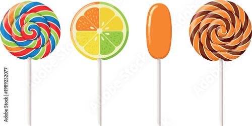 Colorful lollipop candy set with swirl round fruit slice and caramel spiral designs isolated on white background for sweet dessert packaging and kids theme