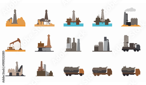 Oil industry vector set with extraction drilling refinery production and transportation petrol energy industrial illustration