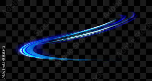 Semicircular wave, light vortex wake. Bright circle. Set of abstract light lines of movement and speed. Light line effect blue neon glow flare wave glowing shiny speed lines effect vector background.
