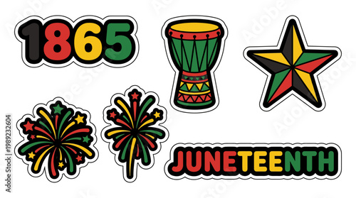 Juneteenth celebration graphic elements including the year 1865, a drum, a star, fireworks, and the word Juneteenth.