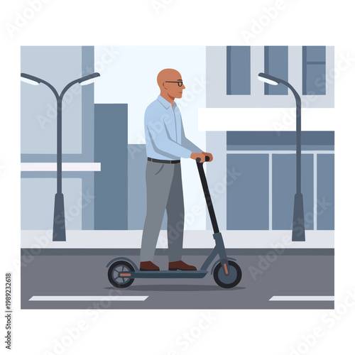 Elderly man riding electric scooter down urban city street with buildings