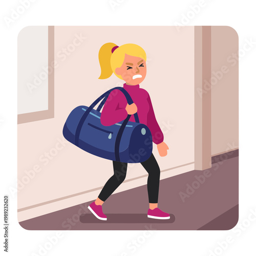 A young girl walks down a hallway with a duffel bag slung over her shoulder showing sadness.