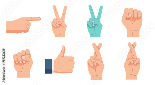 Collection of Hand Gestures: Pointing, Peace, Fingers Crossed, Thumbs Up, Fist