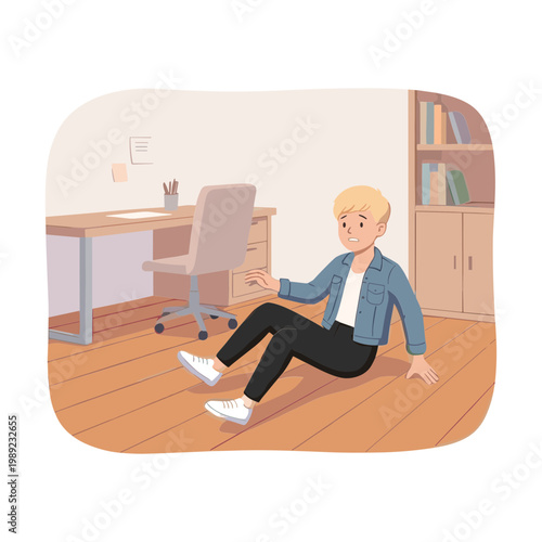 A man sitting on the floor in an office with a desk, chair, and bookshelf.