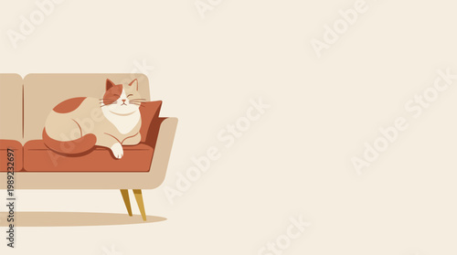 Adorable domestic cat peacefully sleeping on a cozy brown sofa, depicting comfort and relaxation in a flat vector illustration with warm earthy tones, isolated on a light background.