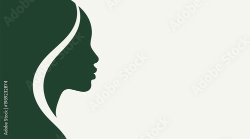 Woman profile silhouette with flowing curve detail, symbolizing contemplation, strength, and timeless elegance, in a minimalist deep green and light beige flat vector design, isolated with copy space.
