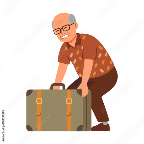 An elderly man struggles to lift a heavy suitcase while bending.