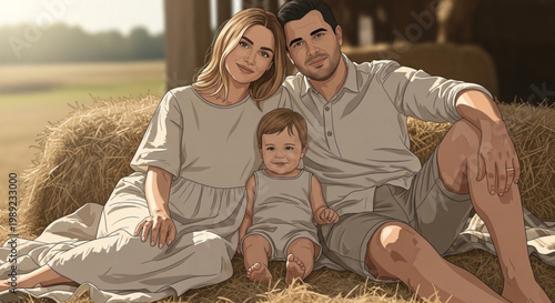 Happy family with baby sitting on hay bales rural lifestyle portrait concept of togetherness and love outdoor summer d