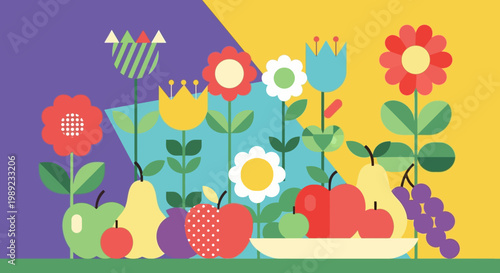 colorful flowers and fruits on table