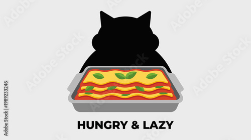 Black cat silhouette looking at a layered lasagna dish with fresh basil, symbolizing hungry and lazy comfort food indulgence, in a flat vector illustration style on a light background.