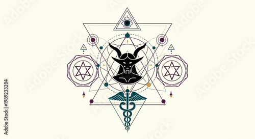 Esoteric Occult Symbol with Horned Deity and Caduceus Sacred Geometry