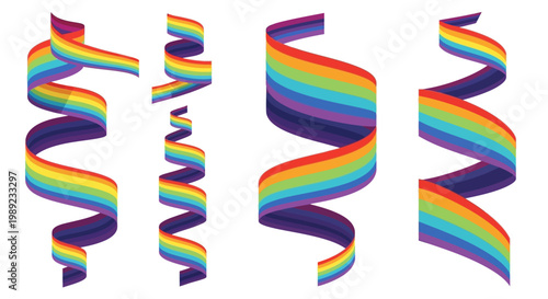 Set of Colorful Rainbow Ribbon Spirals and Festive Party Streamers