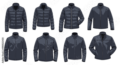 Multiple black puffer jackets displayed.