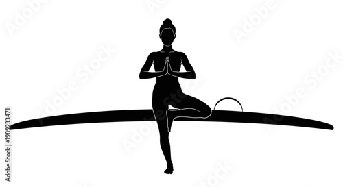 Woman in yoga pose on surfboard.