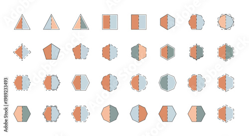 Set of Geometric Shapes with Split Color Halves and Dashed Symmetry Lines