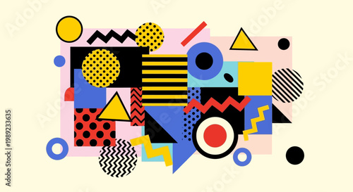 Vibrant Memphis Style Abstract Geometric Composition with Colorful Shapes and Patterns