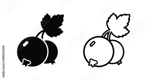 Two black currant berry illustrations in contrasting styles silhouette
