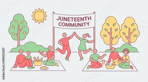 Diverse community enjoying an outdoor Juneteenth celebration, featuring people running under a banner, high-fiving, and groups picnicking, depicted in a vibrant, minimal outline vector illustration.