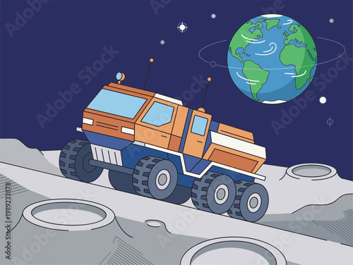 A futuristic lunar rover explores the moon's surface with Earth in view