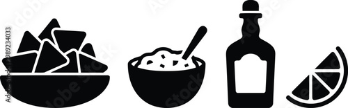 Flat design icons showing chips bowl soup bottle lemon slice