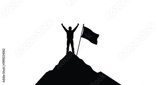 Person standing on mountain peak with flag raised in triumph and celebration of achievement