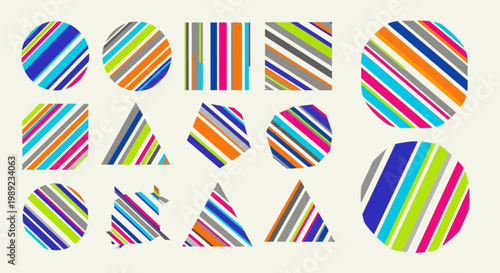 Abstract Geometric Shapes Set with Colorful Diagonal Stripes Pattern
