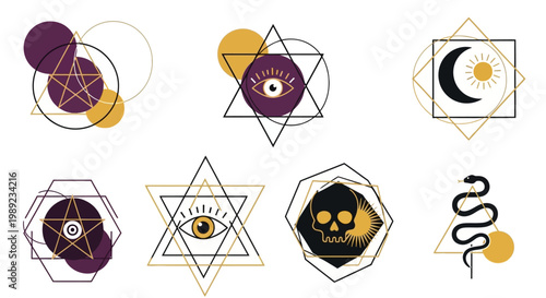 Set of Mystical Esoteric Symbols with Geometric Shapes and Celestial Elements
