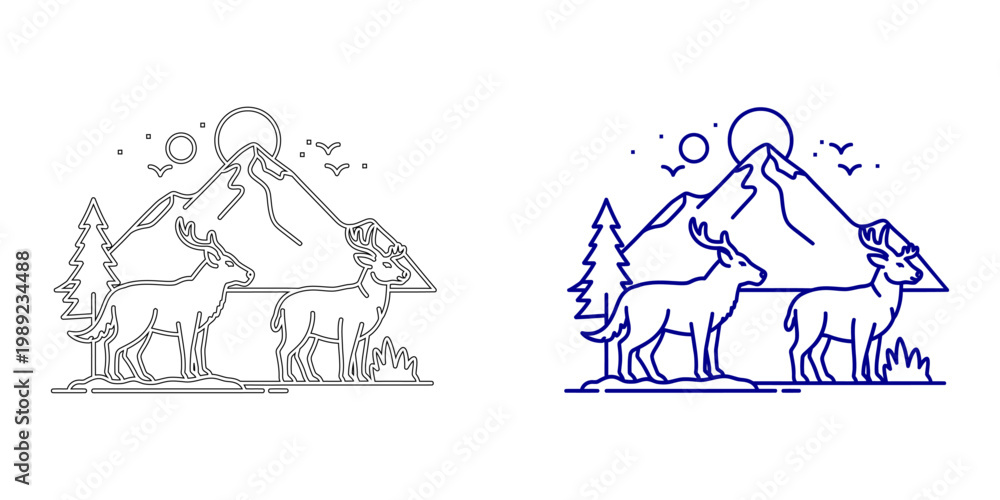 Fototapeta premium Minimalist Navy Blue Deer Grazing in Mountain Landscape Vector Illustration Representing Wildlife Conservation Wilderness Safari and Sustainable Environmental Ecology Symbol