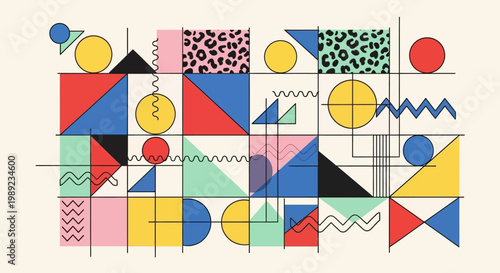 memphis design, geometric shapes, colorful pattern