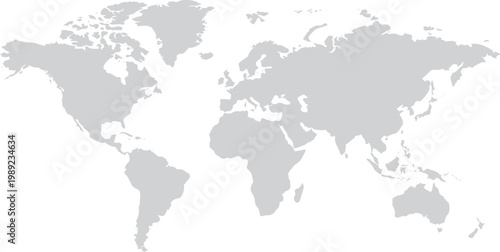 Grey Blank World Map Vector Illustration, Minimal Flat Global Map Template, Isolated Geographic World Map Design