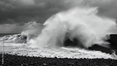 Dramatic black and white video of ocean waves crashing against a concrete pier during a storm with ominous grey clouds