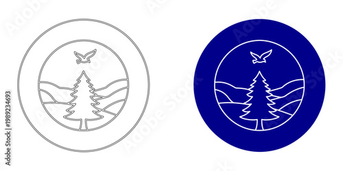 Minimalist Navy Blue Pine Tree Landscape in Circle Vector Illustration Representing Nature Conservation Environmental Forestry Flying Bird and Wild Wilderness Sustainability Symbol