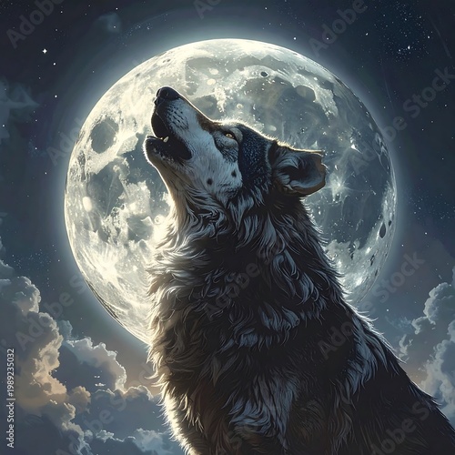 Digitally painted image depicts a wolf howling at a glowing full moon