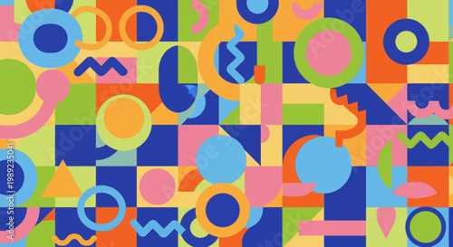 Colorful Memphis Style Geometric Pattern with Abstract Shapes and Vibrant Colors