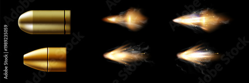 Gunshots, bullet in motion, military smoke trails. Realistic flying bullet in motion. Smoke traces isolated on transparent background. Handgun shoot trails.