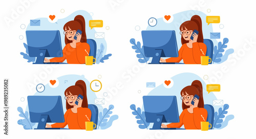 Modern business woman working at computer desk set, female office employee talking on phone vector, remote work and customer support illustrations